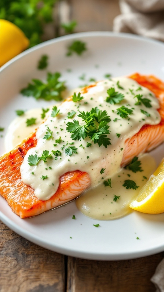 Seared salmon with creamy garlic sauce on a plate, garnished with parsley and lemon wedges.